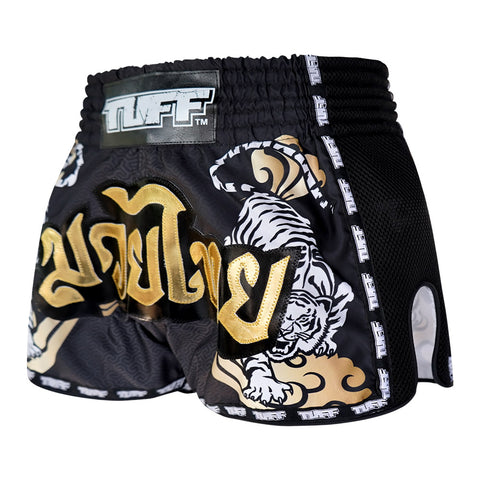 TUFF Muay Thai Boxing Shorts Black Retro Style Double Tiger With Gold Text TUF-MRS301