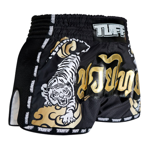 TUFF Muay Thai Boxing Shorts Black Retro Style Double Tiger With Gold Text TUF-MRS301