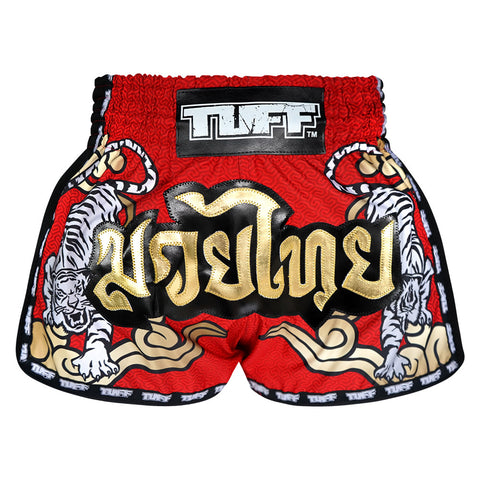 TUFF Muay Thai Boxing Shorts Red Retro Style Double Tiger With Gold Text TUF-MRS301