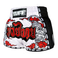 TUFF Muay Thai Boxing Shorts White Retro Style Double Tiger With Red Text TUF-MRS301