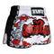 TUFF Muay Thai Boxing Shorts White Retro Style Double Tiger With Red Text TUF-MRS301