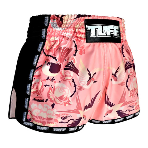 TUFF Muay Thai Boxing Shorts Pink Retro Style Birds With Roses TUF-MRS302