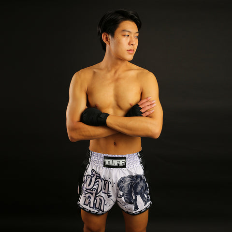 TUFF Muay Thai Boxing Shorts New Retro Style White War Elephant