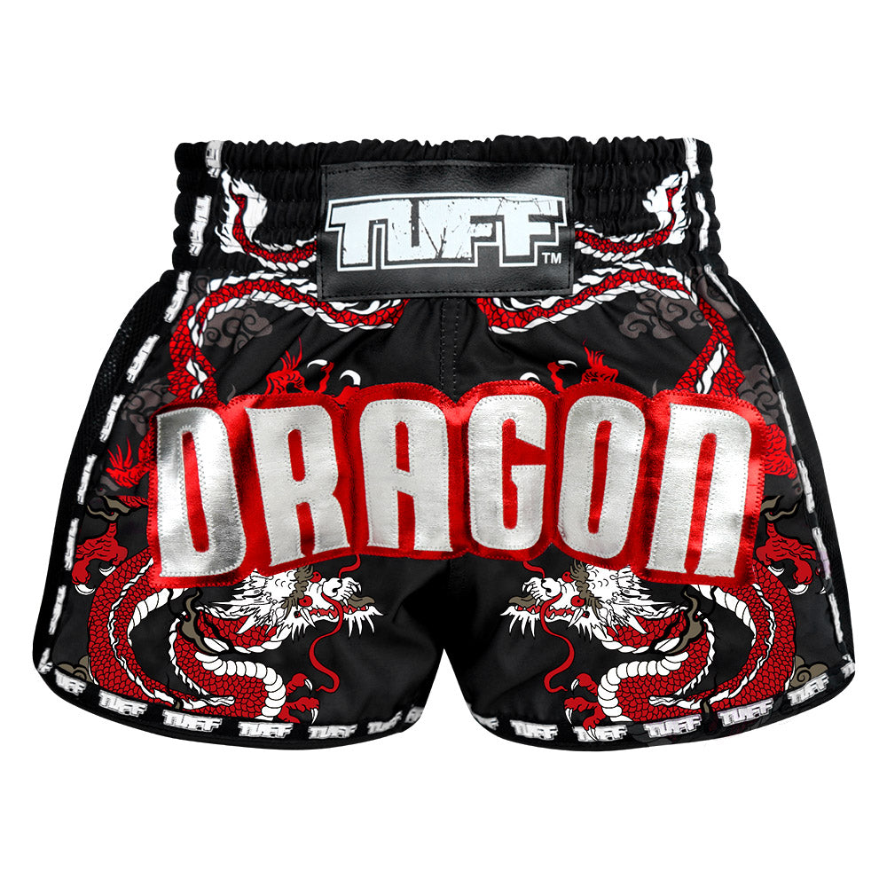 TUFF Muay Thai Boxing Shorts New Retro Style Black Chinese Dragon with–