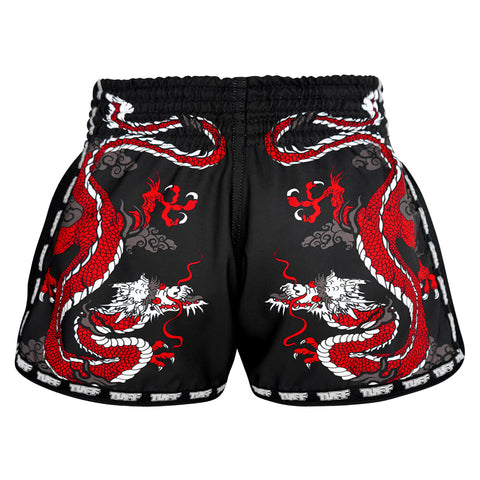 TUFF Muay Thai Boxing Shorts New Retro Style Black Chinese Dragon with Text TUF-MRS205