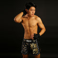 TUFF Muay Thai Boxing Shorts New Retro Style Black Singha Yantra with War Flag TUF-MRS206