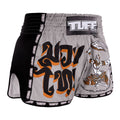 TUFF Muay Thai Boxing Shorts New Retro Style Grey Hanuman Yantra with War Flag