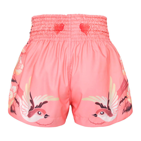TUFF Muay Thai Boxing Shorts Pink Birds And Roses Inspired by Ancient Drawing