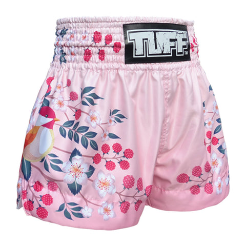 TUFF Muay Thai Boxing Shorts Pink Sakura with Nightingale Bird