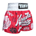 TUFF Muay Thai Boxing Shorts Red Muay Thai Fighter with Flower Pattern