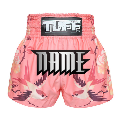 Custom TUFF Muay Thai Boxing Shorts Birds And Roses Inspired by Ancient Drawing