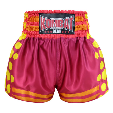 Kombat Gear Muay Thai Boxing shorts Red Violet With Yellow Hexagon