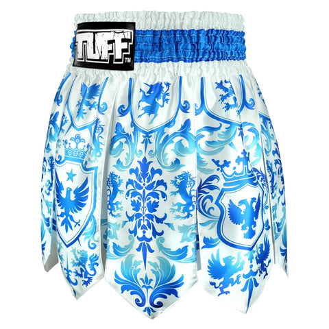 TUFF Muay Thai Boxing Shorts Gladiator Blue & White Classic Victorian Pattern