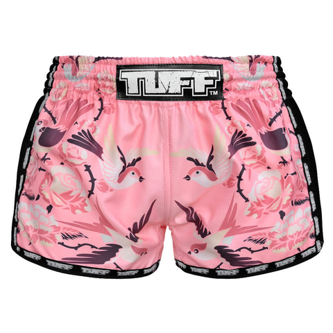 TUFF Muay Thai Boxing Shorts Pink Retro Style Birds With Roses