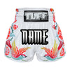 Custom TUFF Muay Thai Boxing White Shorts Birds And Roses Inspired by Ancient Drawing